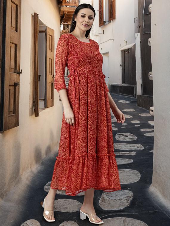 women printed three quarter sleeve tiered dress - 22041419 - Standard Image - 3