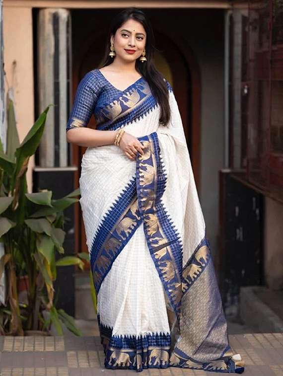 women checkered bordered saree with blouse - 22041473 - Zoom Image - 0
