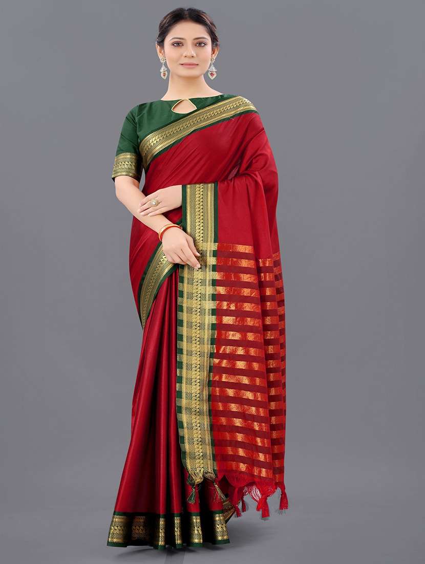 women solid with bordered saree with blouse