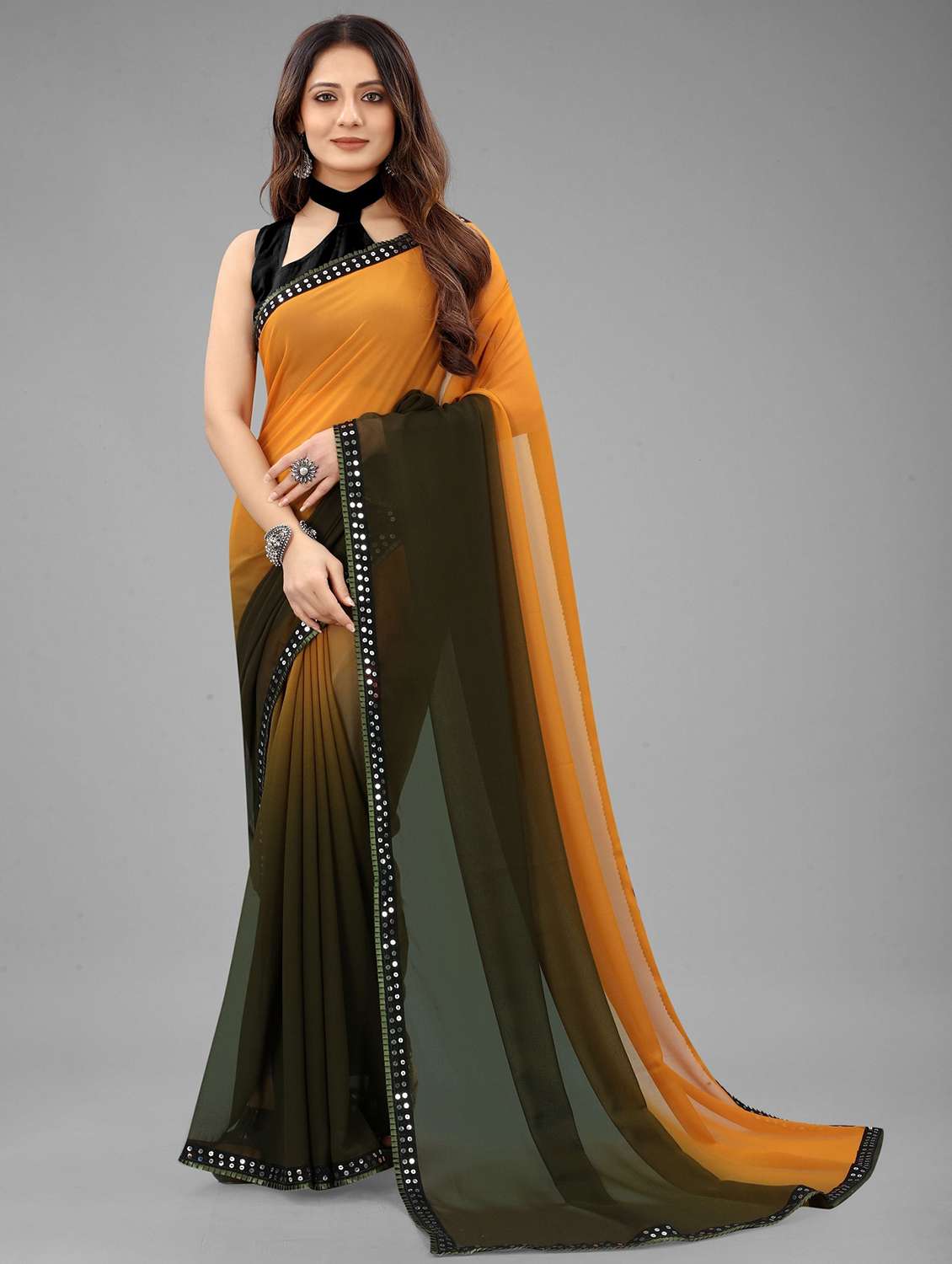women ombre printed bordered saree with blouse