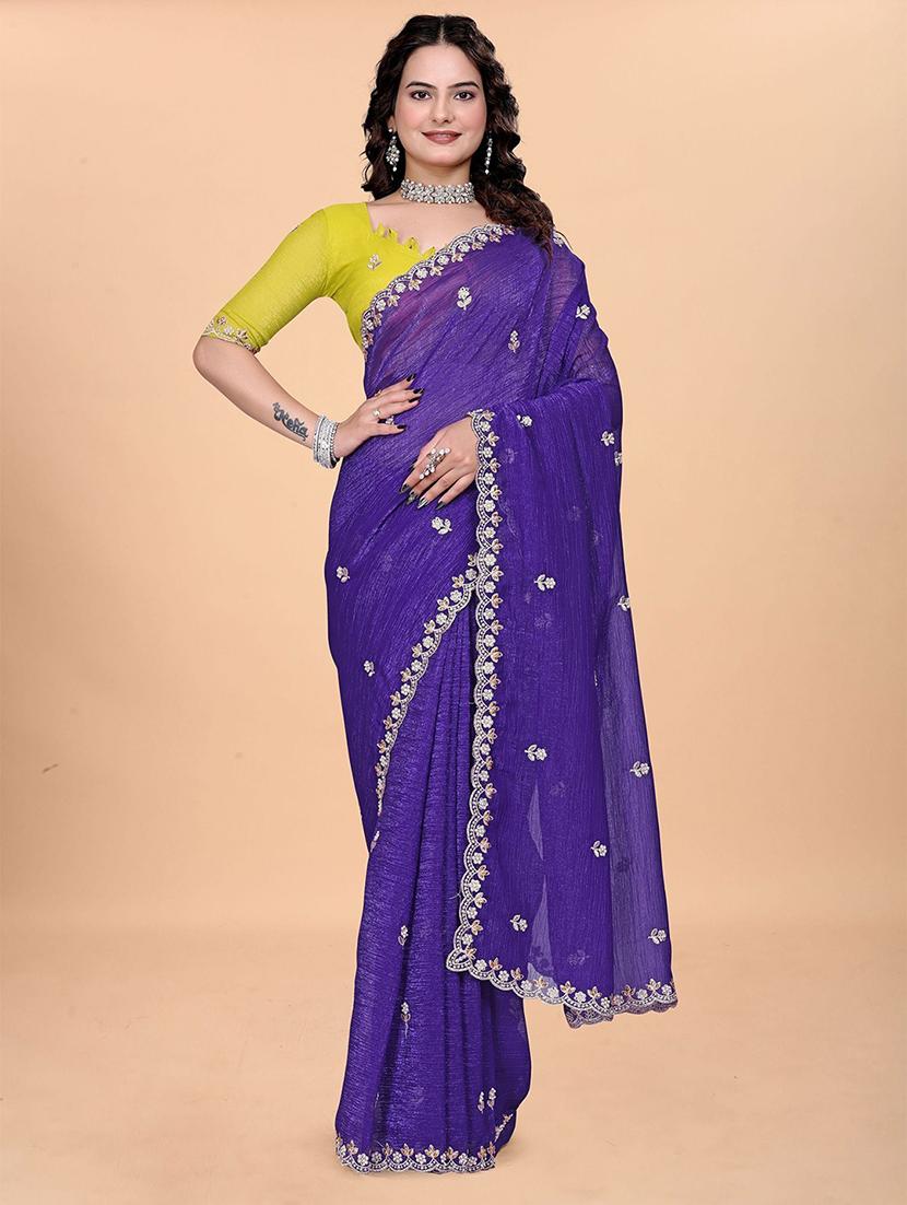 women solid with work embroidered saree with blouse - 22041621 - Zoom Image - 0