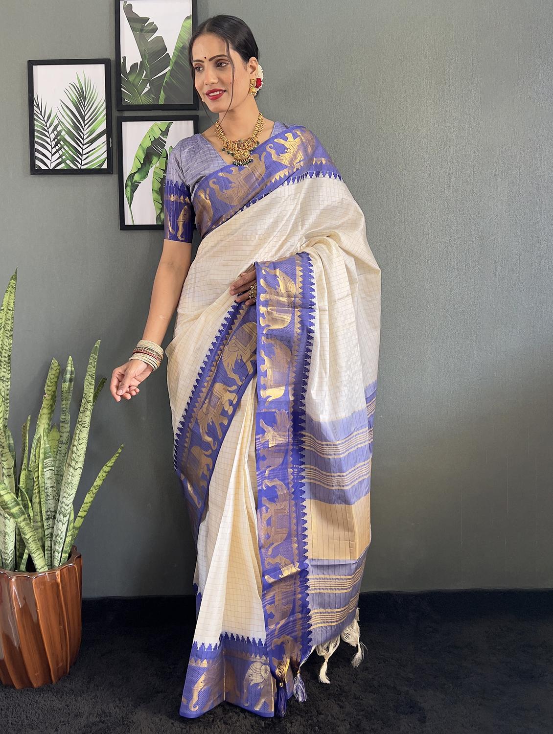 women checkered bordered saree with blouse - 22041628 - Zoom Image - 0