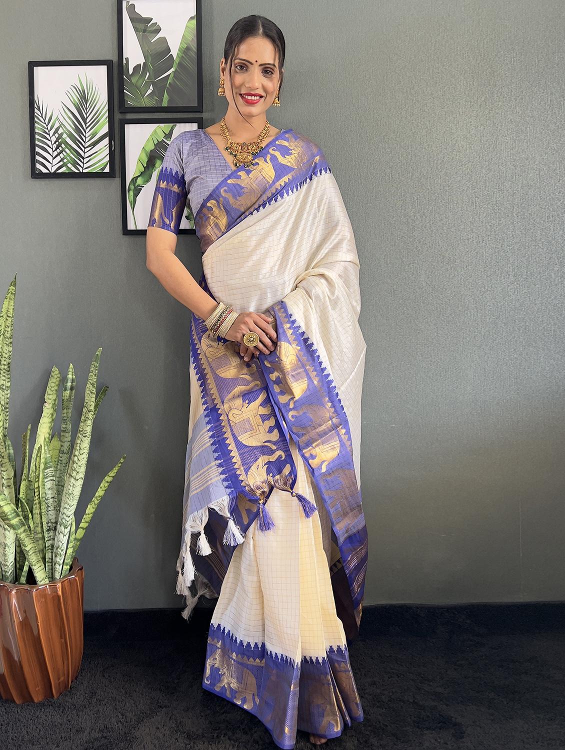women checkered bordered saree with blouse - 22041628 - Standard Image - 3