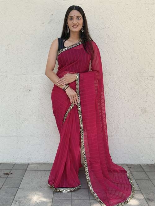women striped bordered saree with blouse - 22041753 -  Standard Image - 0