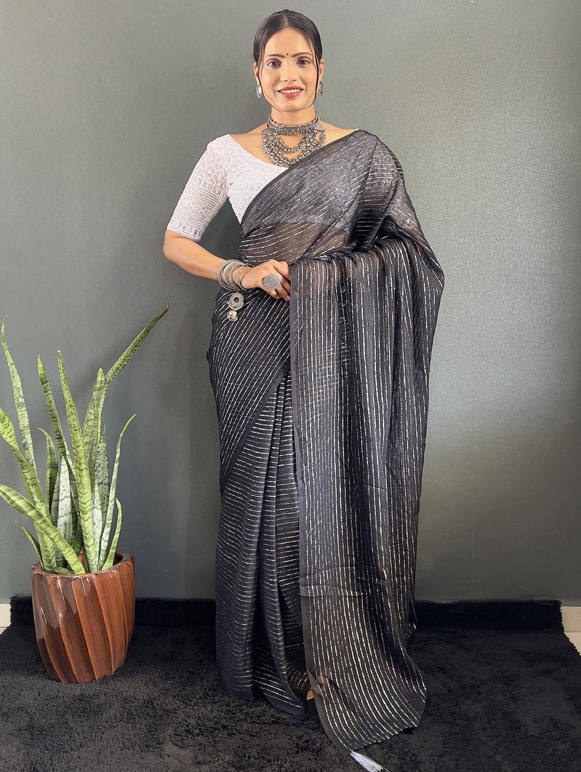 women striped printed saree with blouse - 22041795 - Zoom Image - 0