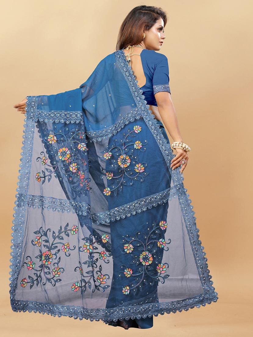 women solid with work embroidered saree with blouse - 22041844 - Standard Image - 3