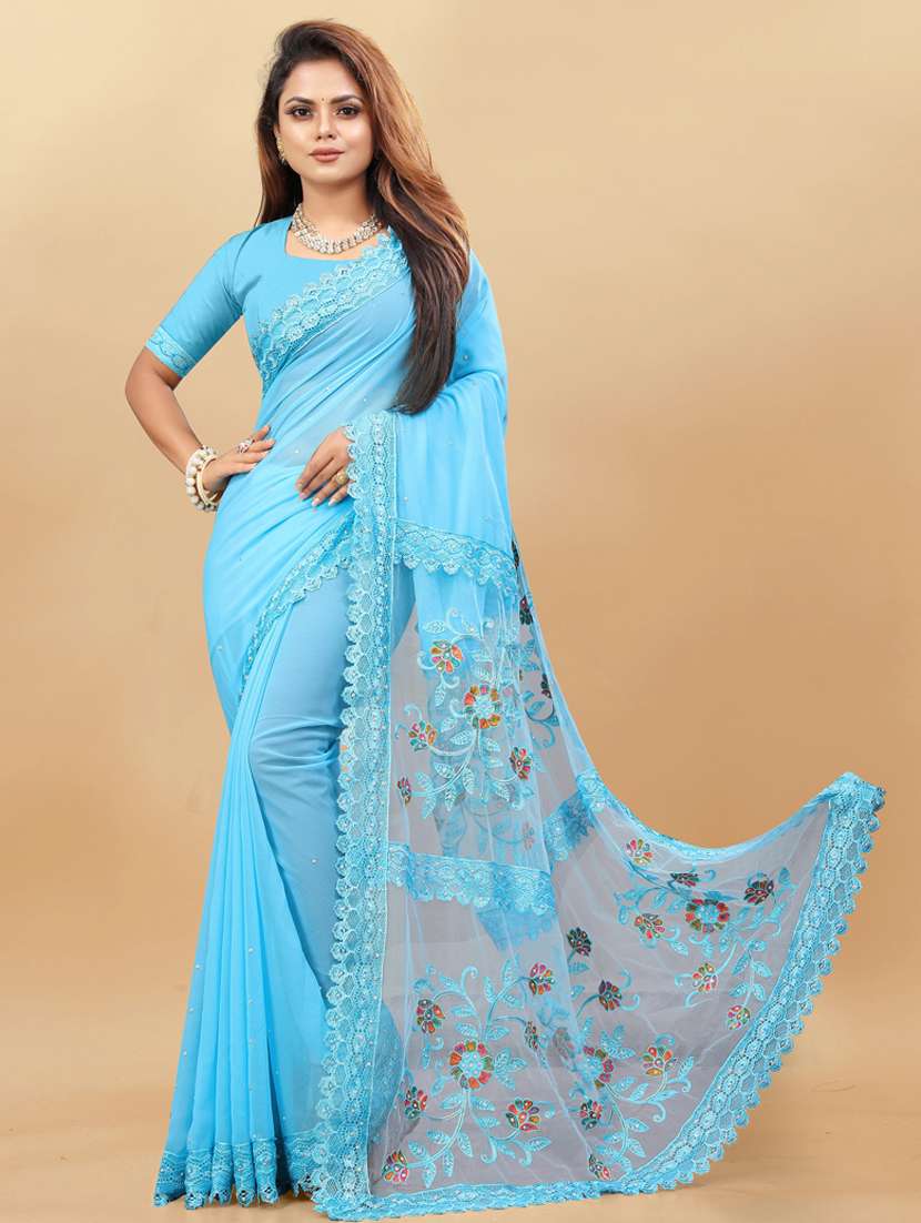 women solid with work embroidered saree with blouse - 22041845 - Zoom Image - 0