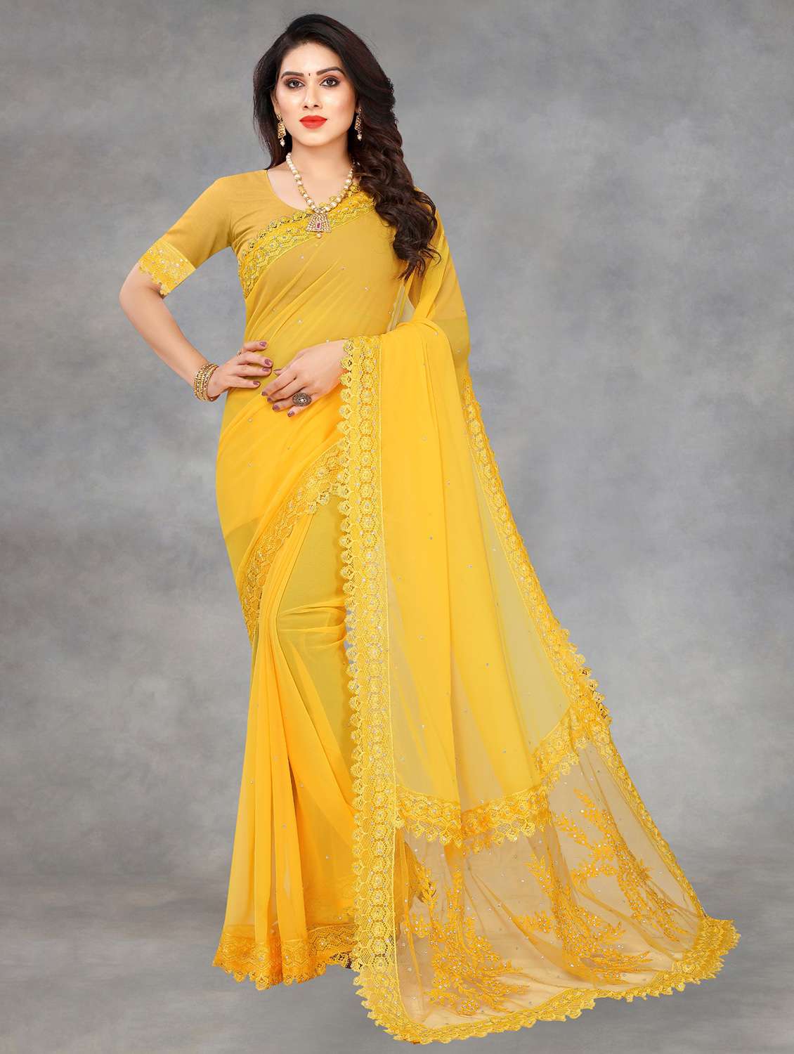women solid with work embroidered saree with blouse - 22041850 -  Zoom Image - 0