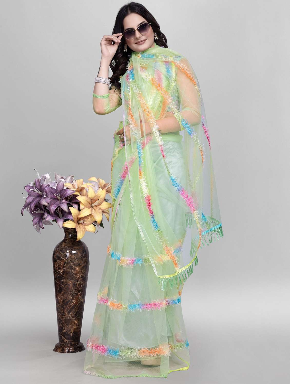 women solid with work embroidered saree with blouse - 22041870 -  Zoom Image - 0