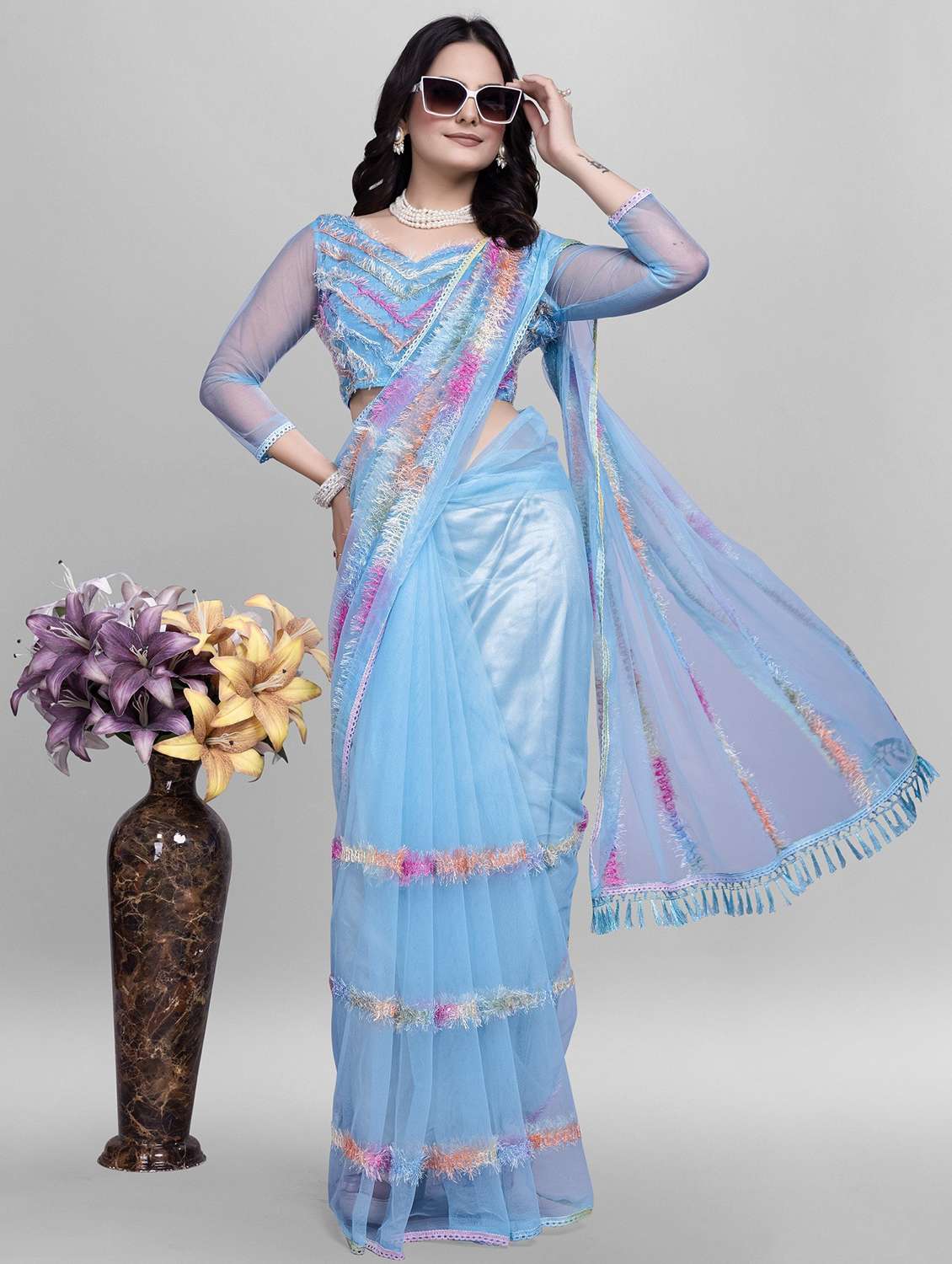 women solid with work embroidered saree with blouse - 22041871 -  Zoom Image - 0
