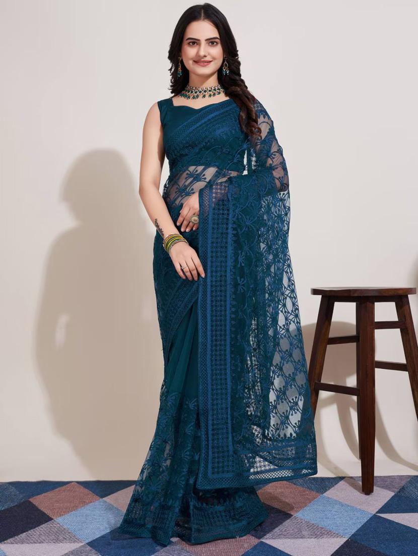 women solid with work embroidered saree with blouse - 22041875 - Zoom Image - 0