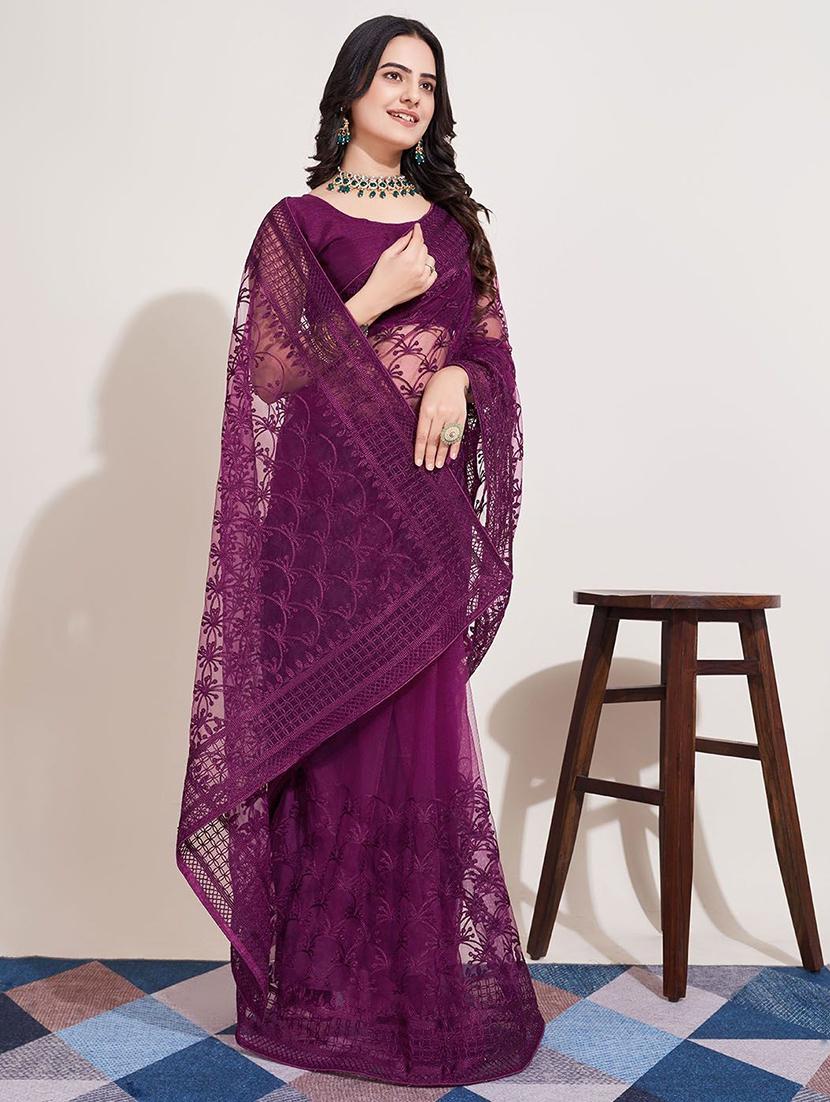 women solid with work embroidered saree with blouse - 22041878 - Standard Image - 3