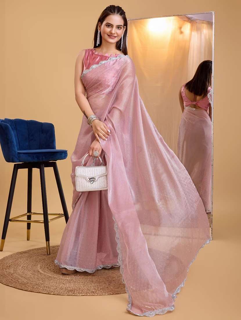 women solid with work embellished saree with blouse - 22041881 - Standard Image - 3