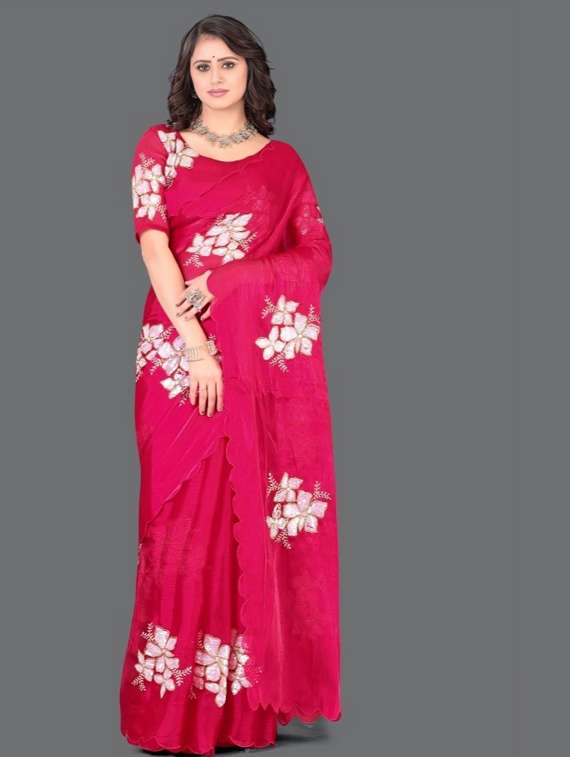 women solid with work embroidered saree with blouse - 22041885 - Zoom Image - 0
