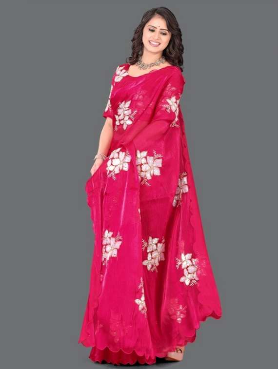 women solid with work embroidered saree with blouse - 22041885 - Standard Image - 3