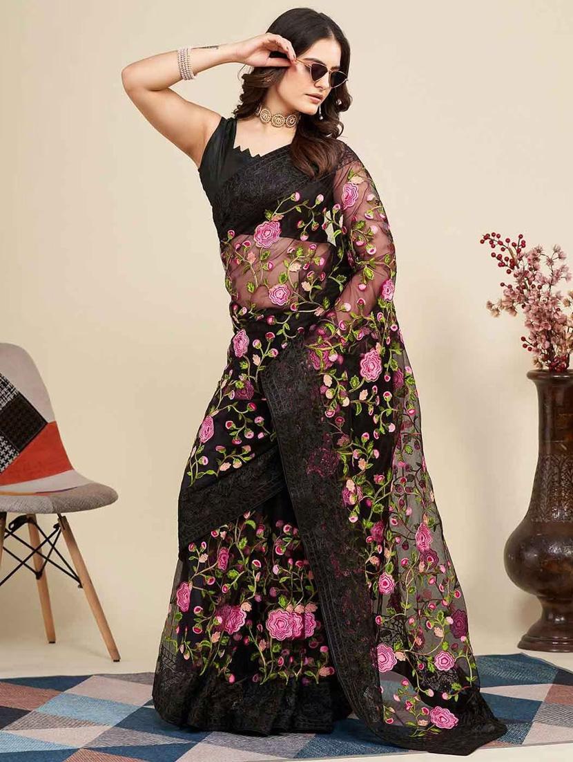 women solid with work embroidered saree with blouse - 22041887 - Zoom Image - 0