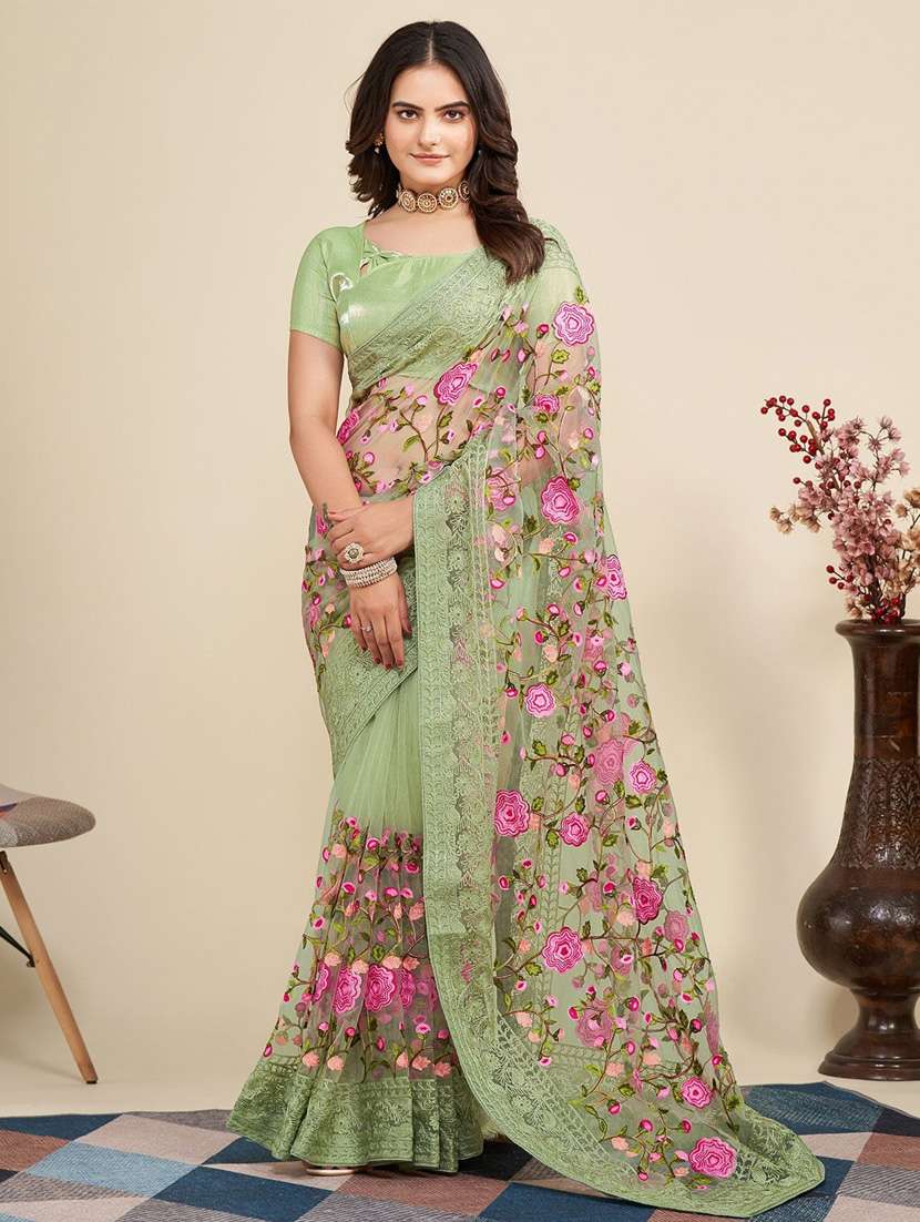 women solid with work embroidered saree with blouse