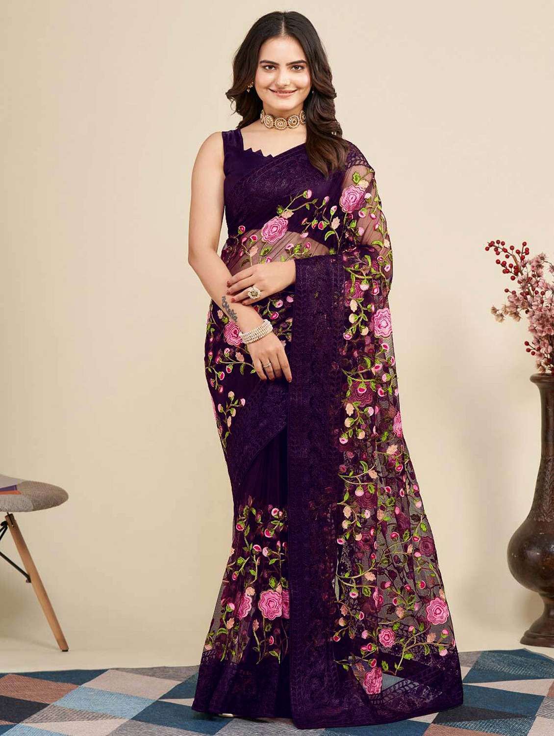 women solid with work embroidered saree with blouse