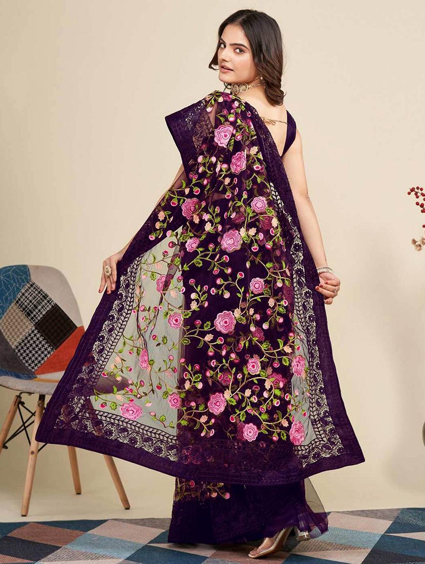women solid with work embroidered saree with blouse - 22041890 - Standard Image - 3