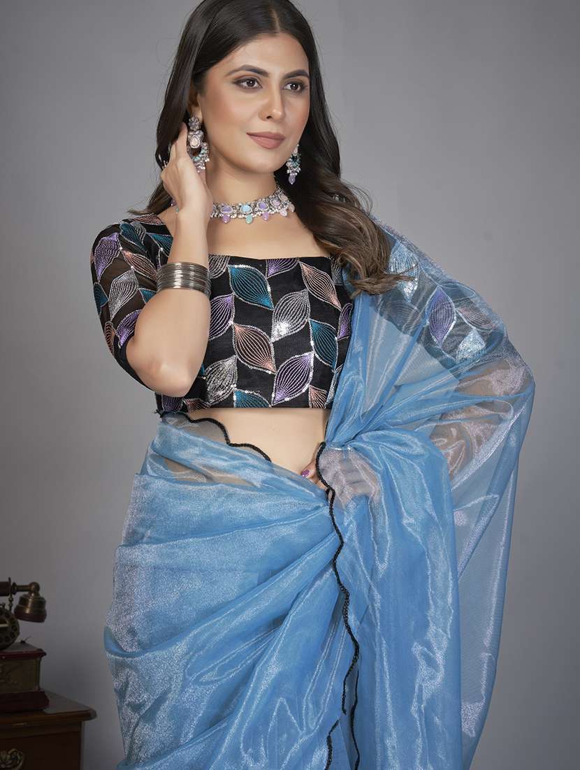 women solid plain saree with blouse - 22041895 - Standard Image - 3