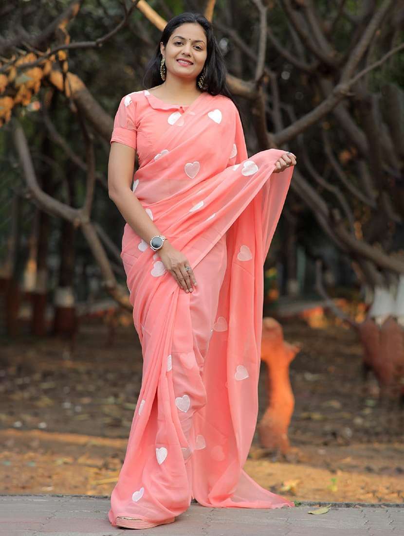women solid with work embroidered saree with blouse - 22041911 -  Zoom Image - 0