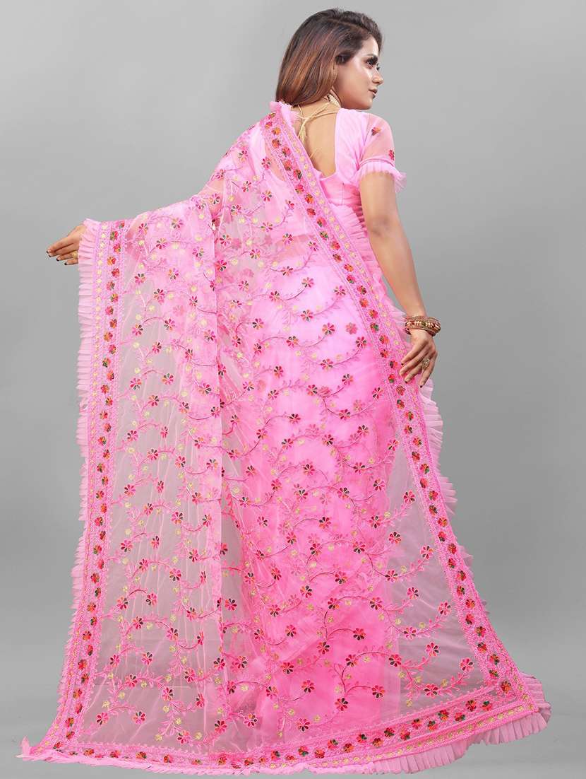women solid with work embroidered saree with blouse - 22041919 - Standard Image - 3
