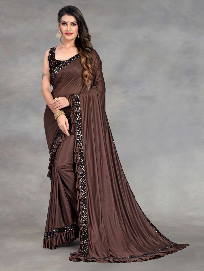 women solid with ruffle bordered saree with blouse