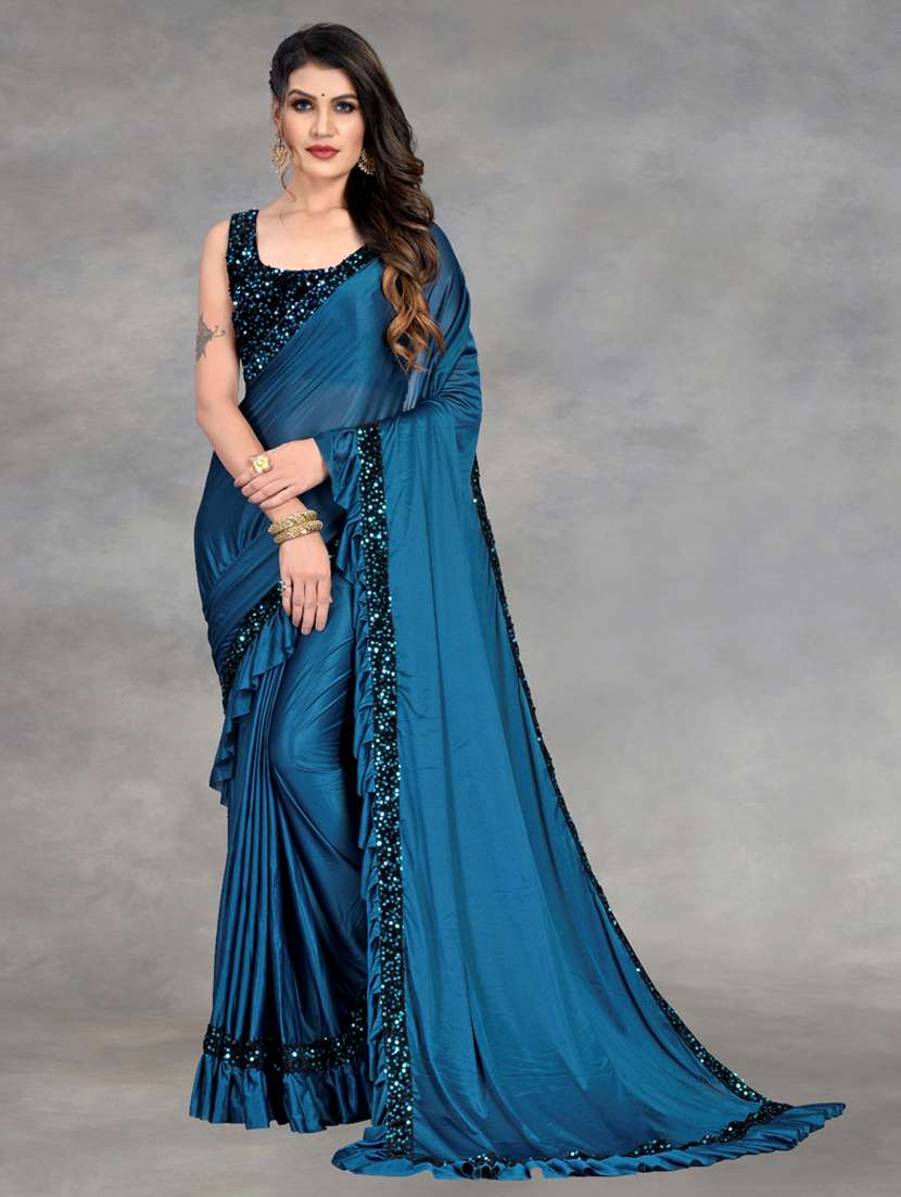 women solid with ruffle bordered saree with blouse - 22041937 - Zoom Image - 0