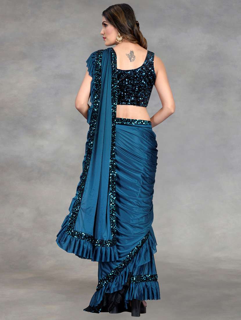women solid with ruffle bordered saree with blouse - 22041937 - Standard Image - 3