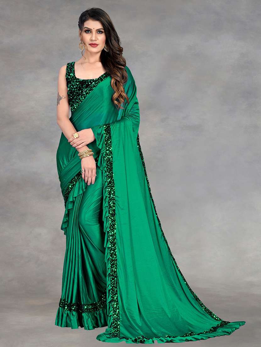 women solid with ruffle bordered saree with blouse