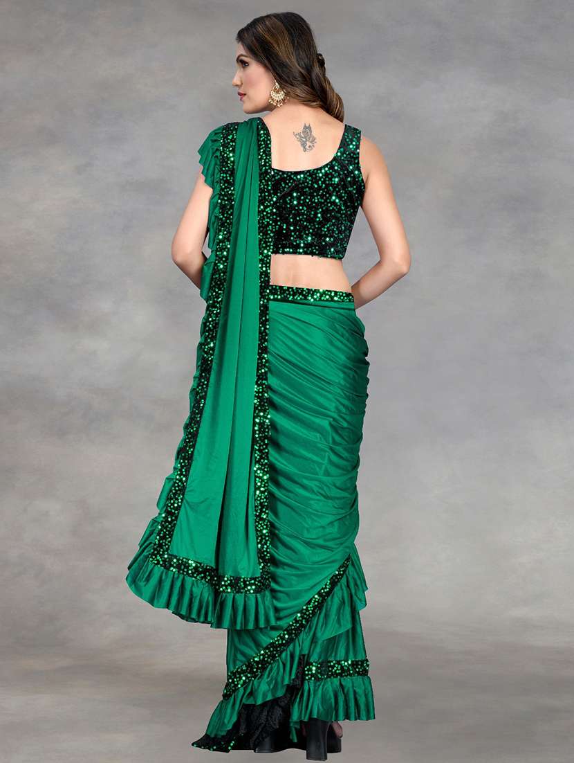 women solid with ruffle bordered saree with blouse - 22041938 - Standard Image - 3