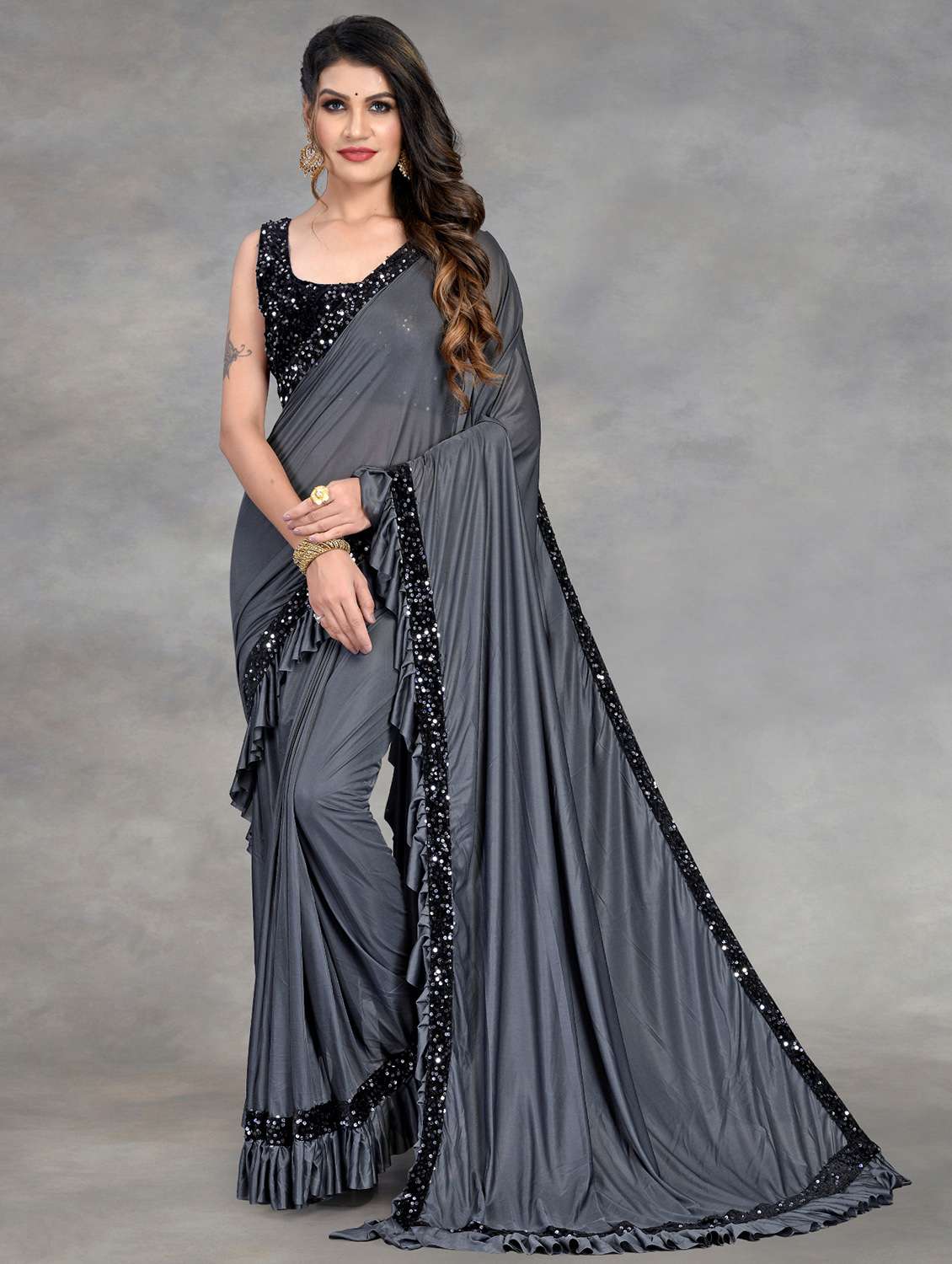 women solid with ruffle bordered saree with blouse - 22041939 -  Zoom Image - 0