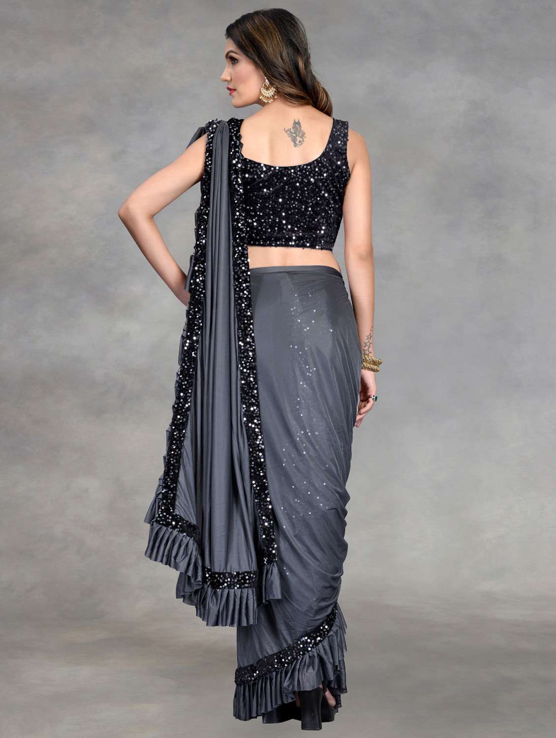 women solid with ruffle bordered saree with blouse - 22041939 -  Standard Image - 3