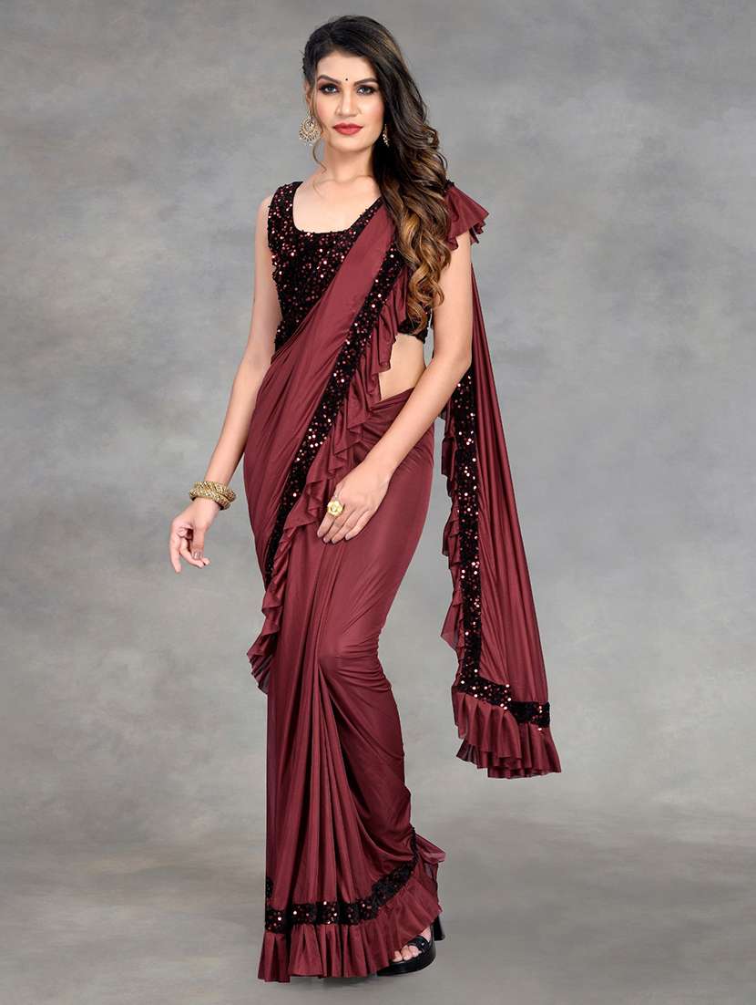 women solid with ruffle bordered saree with blouse