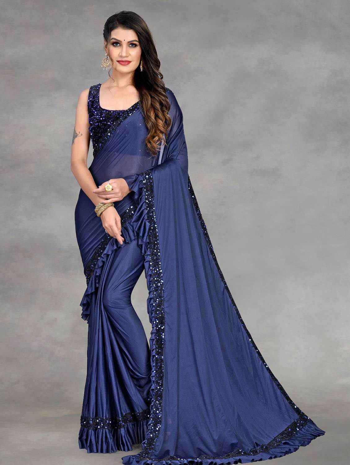 women solid with ruffle bordered saree with blouse - 22041941 -  Zoom Image - 0
