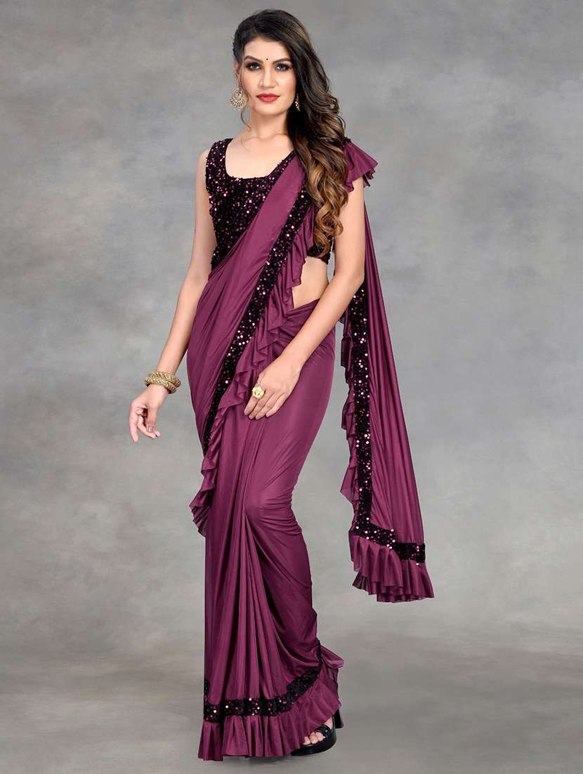 women solid with ruffle bordered saree with blouse - 22041942 - Zoom Image - 0