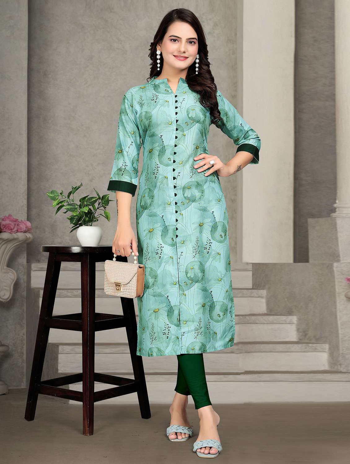 green rayon straight kurti - 22041977 - Zoom Image - 0