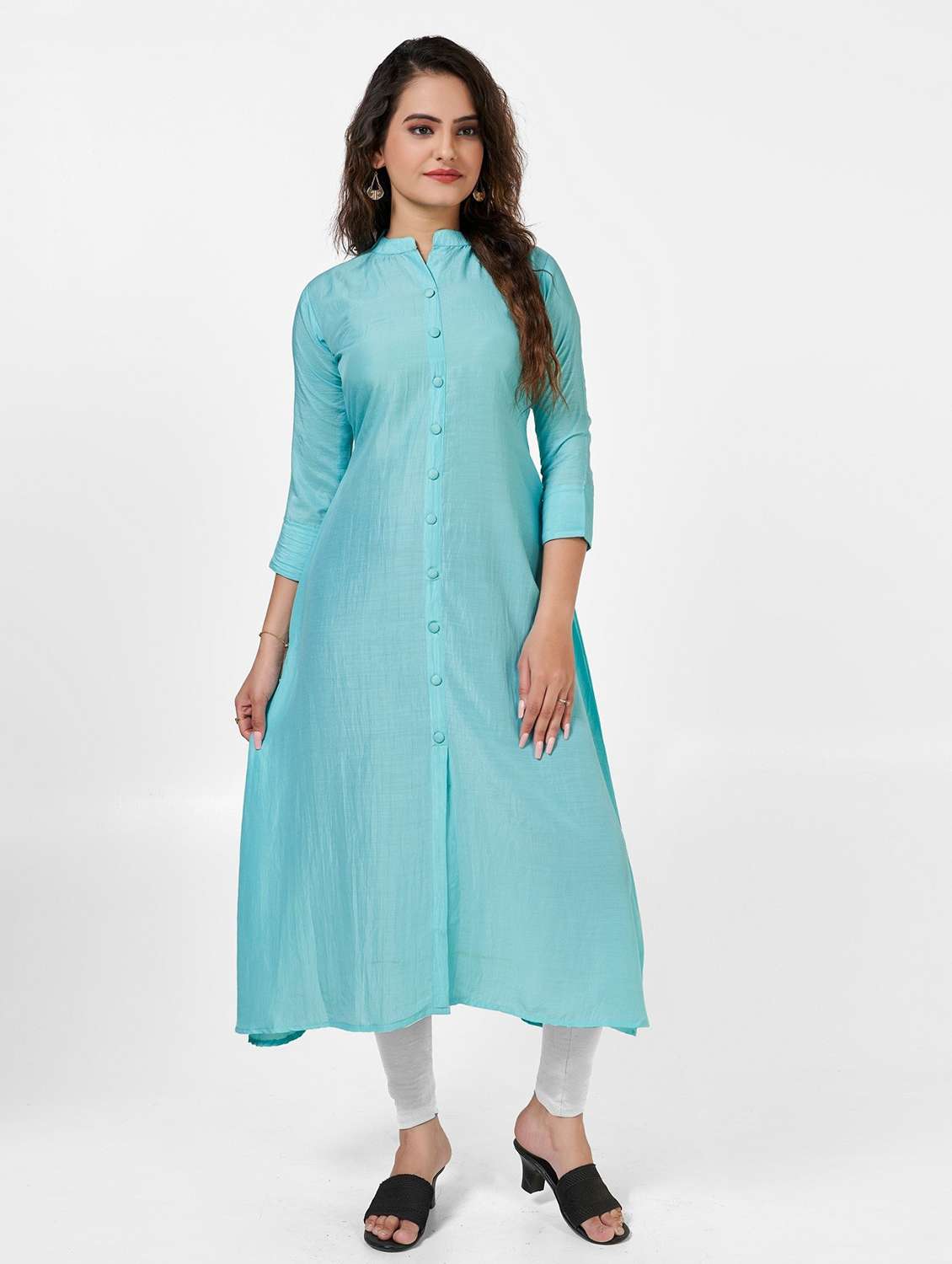 women solid three quarter sleeve a-line kurta