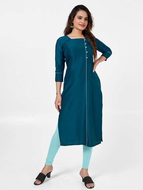 teal silk straight kurti - 22041981 - Standard Image - 0