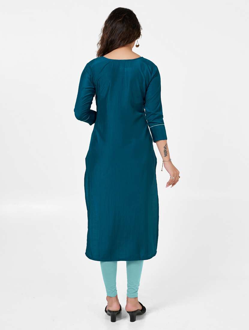 teal silk straight kurti - 22041981 - Standard Image - 3