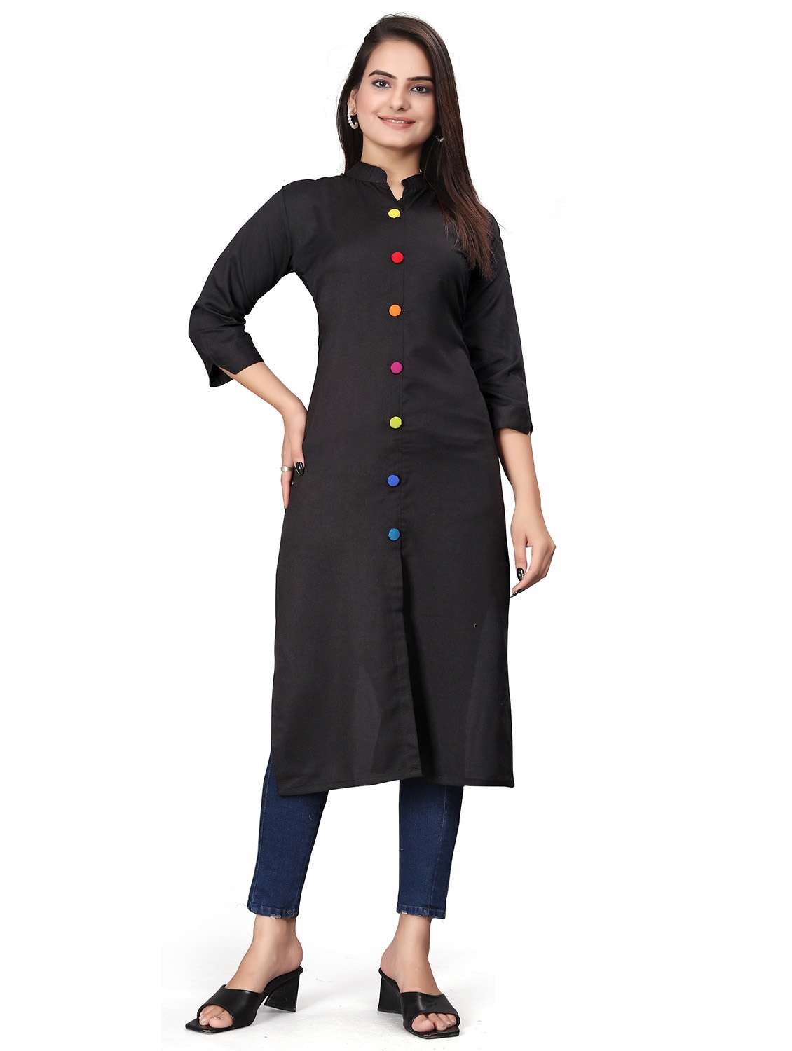 black cotton straight kurta - 22041983 -  Zoom Image - 0