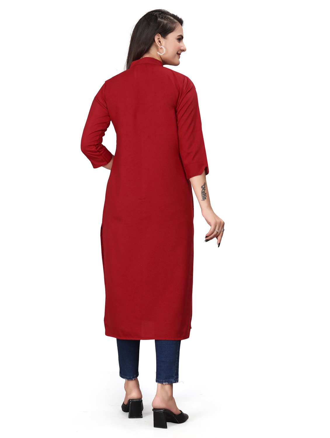 women solid three quarter sleeve straight kurta  - 22041985 -  Standard Image - 3