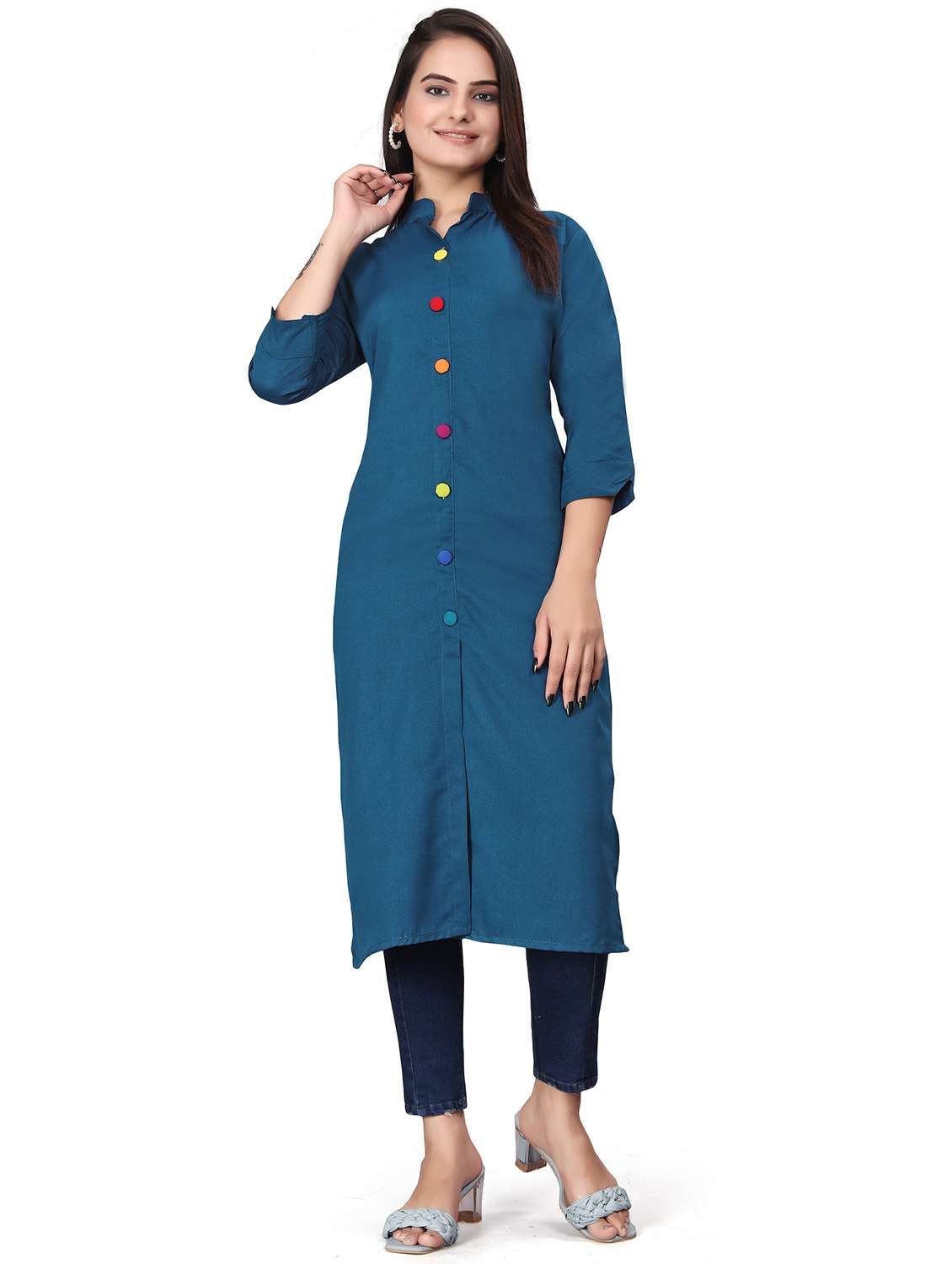 women solid three quarter sleeve straight kurta  - 22041986 -  Zoom Image - 0