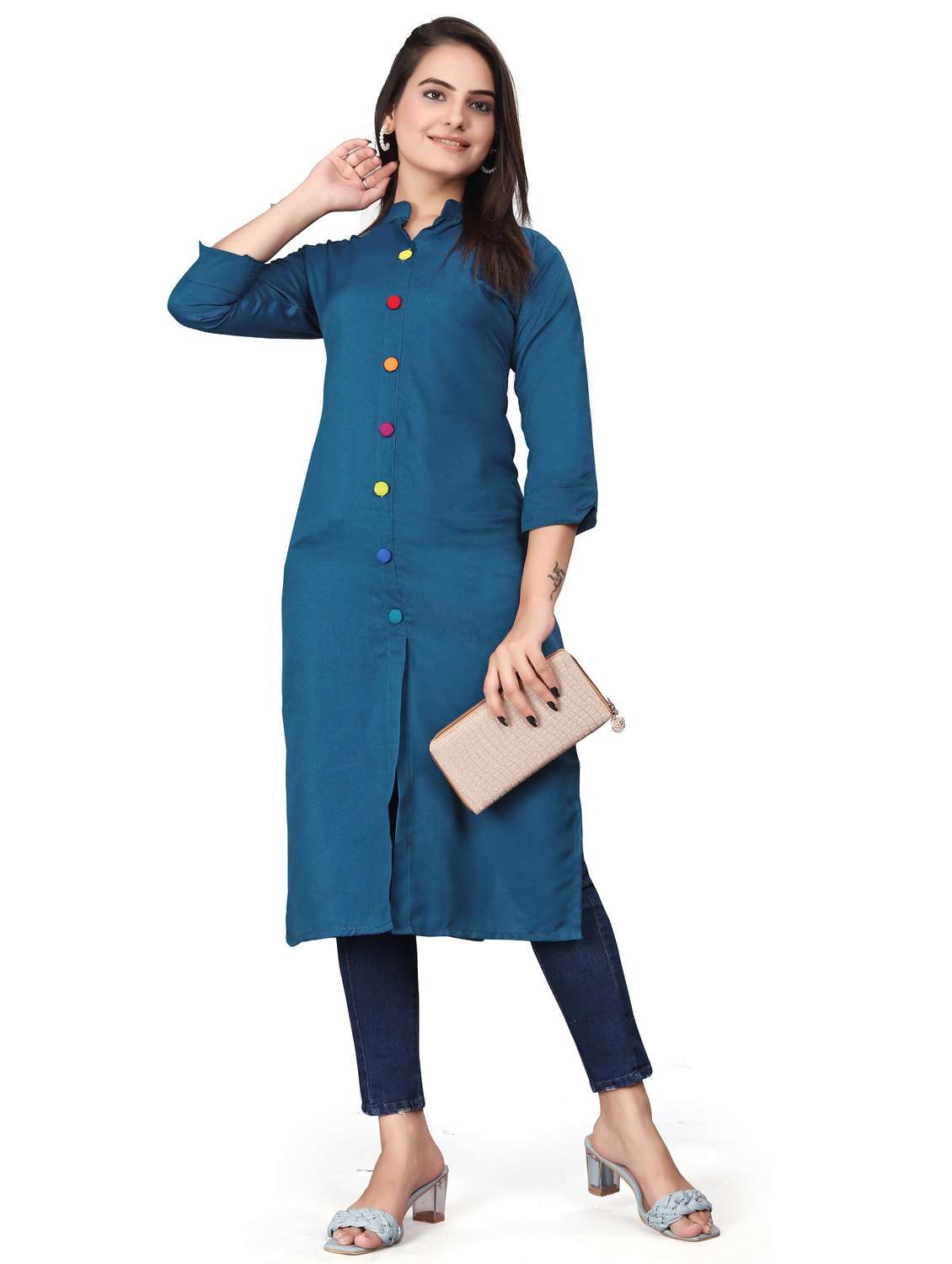 women solid three quarter sleeve straight kurta - 22041986 - Standard Image - 3
