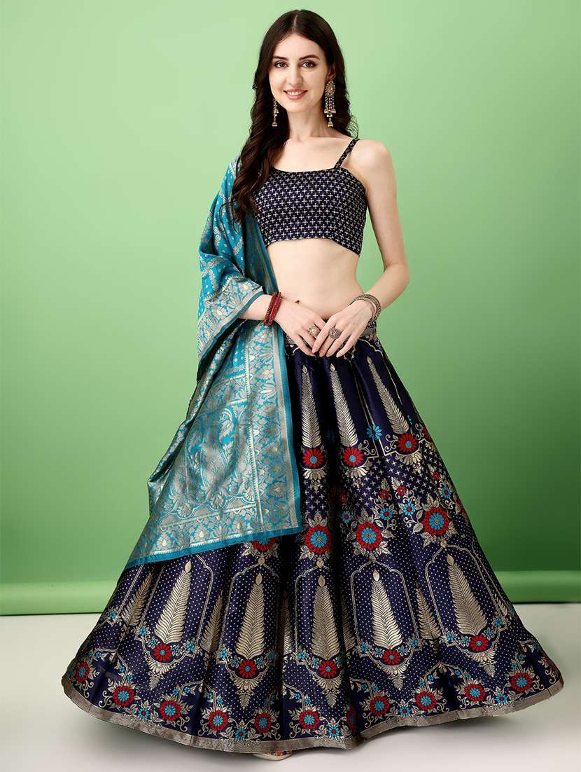 women self design flared unstitched lehenga