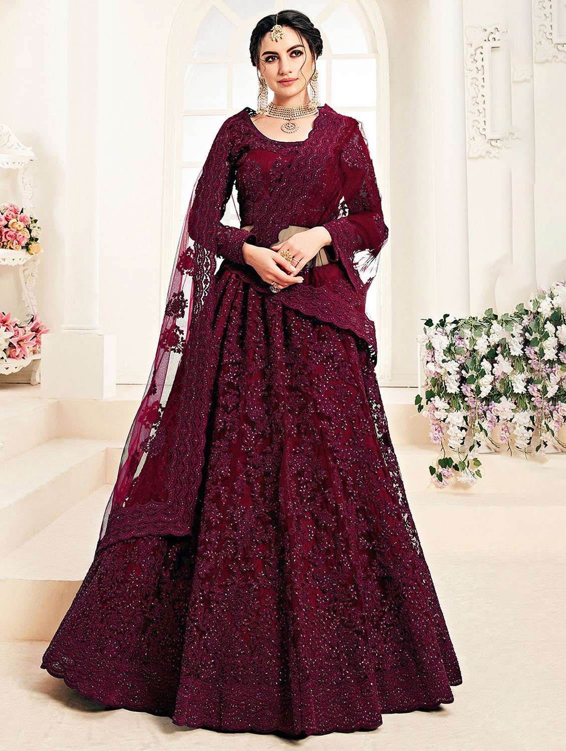 women embroidered flared lehenga choli with duppata set - 22042163 - Zoom Image - 0