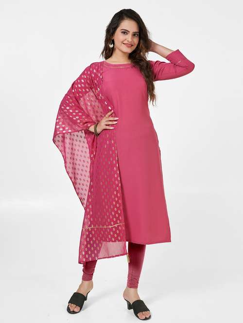 women solid three quarter sleeve kurta pant with dupatta set - 22042182 -  Standard Image - 0