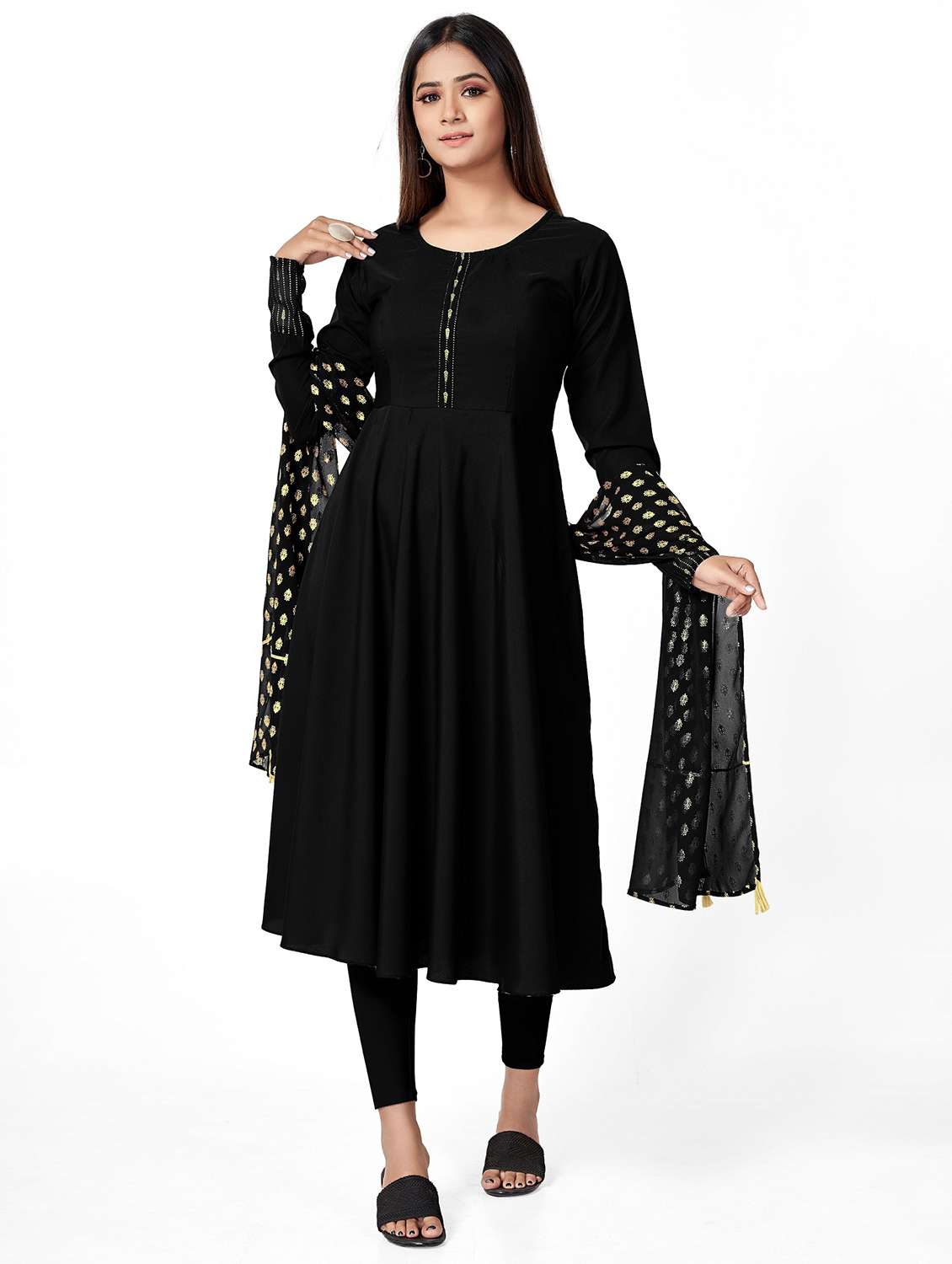 women solid long sleeve flared kurta and dupatta set - 22042184 -  Zoom Image - 0