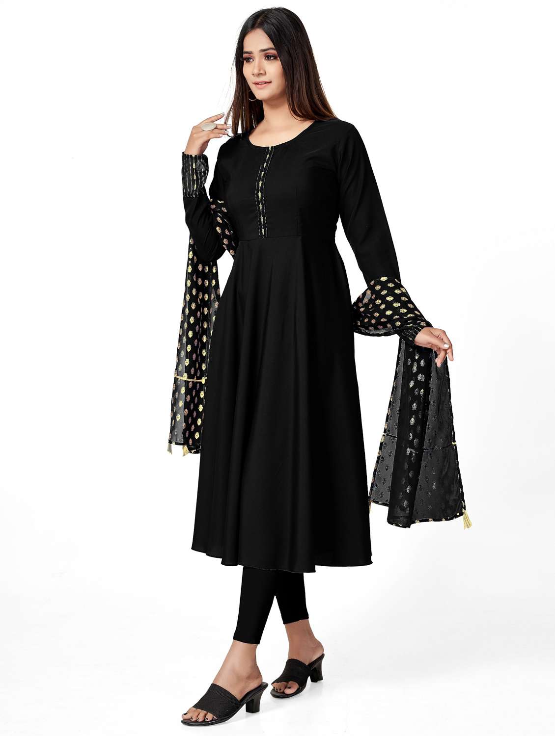 women solid long sleeve flared kurta and dupatta set - 22042184 - Standard Image - 3