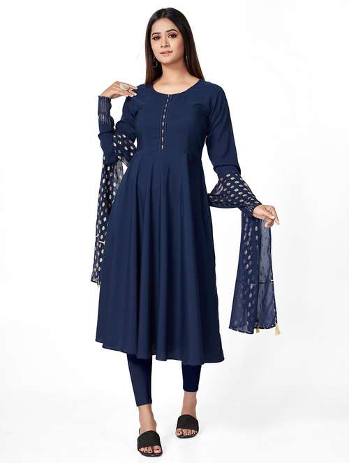 women solid long sleeve flared kurta and dupatta set - 22042185 - Standard Image - 0